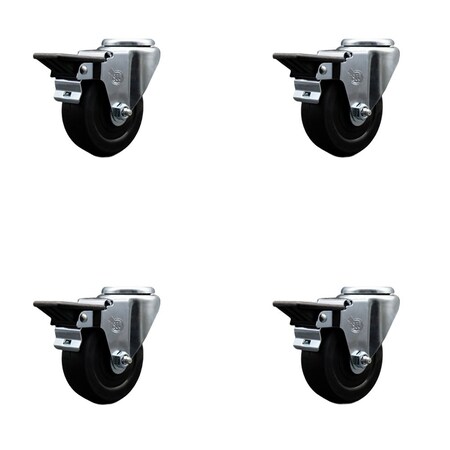 Service Caster 3.5'' Soft Rubber Wheel Swivel Bolt Hole Caster Set with Posi Lock Brakes, 4PK SCC-BH20S3514-SRS-PLB-4